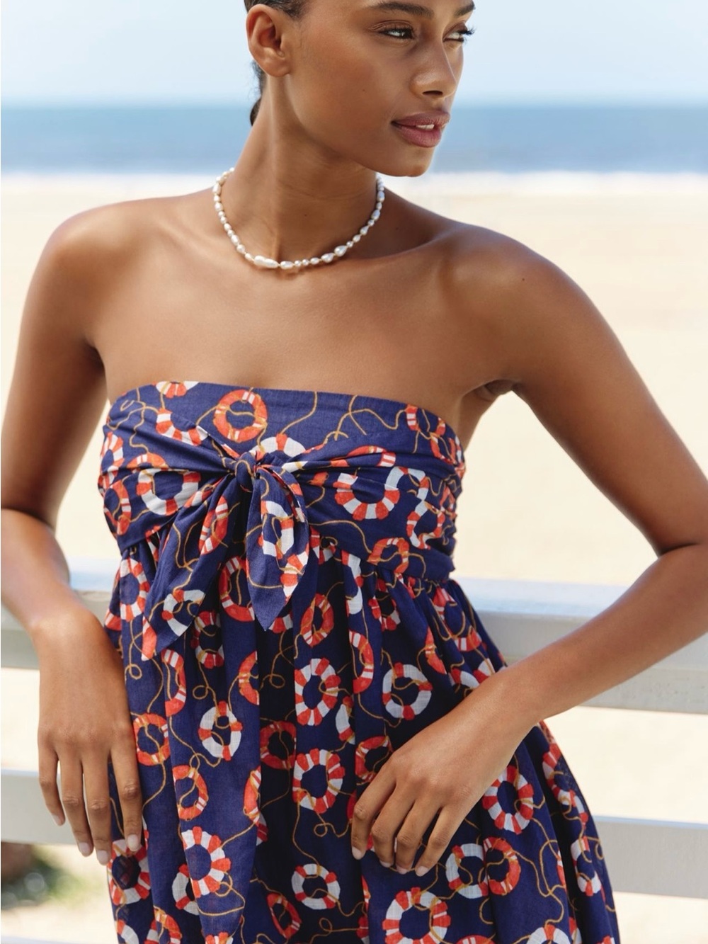 Strapless Navy Lifesaver Print Tie-Front Dress - Picture 3 of 6